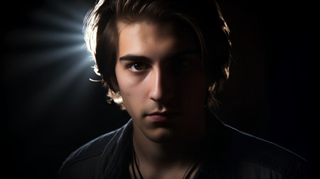 Portrait of a handsome young man on a dark background with rays of lightの素材