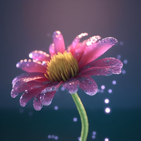 Beautiful flower with dew drops on the petals on a dark backgroundの素材
