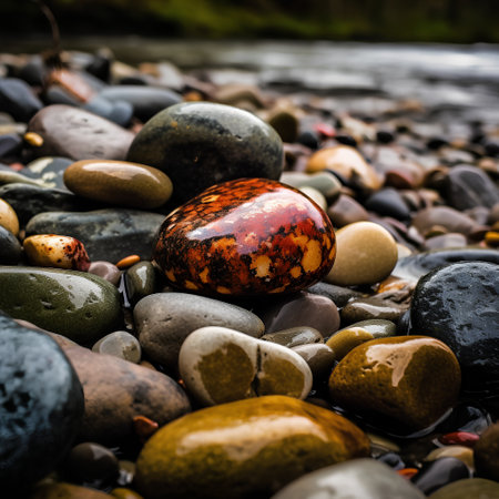 Colorful pebble stones on the shore of a mountain riverの素材