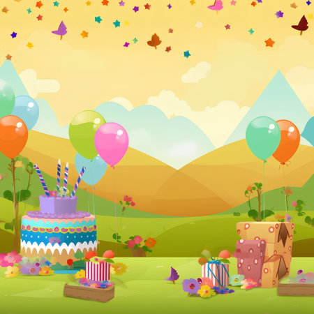 Birthday party background with cake, balloons, gift box and flowersの素材