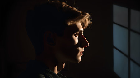 Portrait of a handsome young man in a dark room. Studio shot.の素材