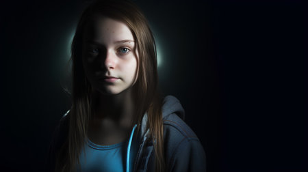 Portrait of a teenage girl in a hoodie on a dark backgroundの素材