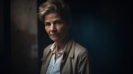 Portrait of a senior woman standing in front of a door.の素材