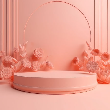 3d render of abstract minimal geometric forms. Glossy pink podium with floral decoration.の素材
