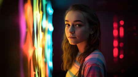 Portrait of a young beautiful girl in a neon light. The girl looks at the camera.の素材