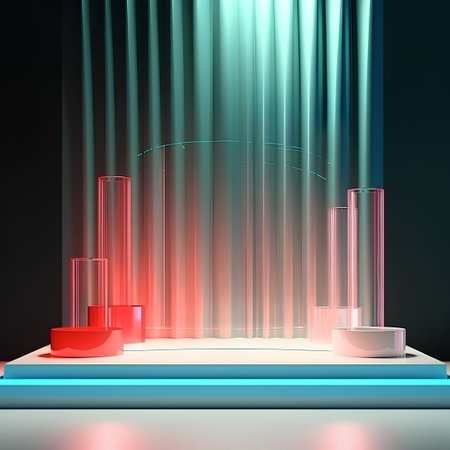 3d rendering of abstract background with neon light and pedestal podiumの素材
