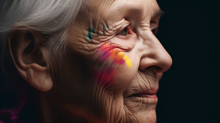 Portrait of an elderly woman with painted face on a black backgroundの素材