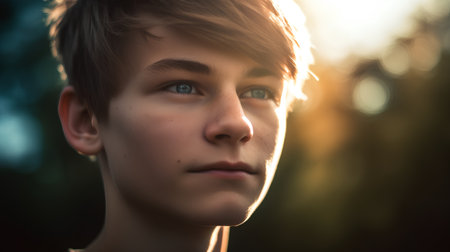 Portrait of a young boy in the rays of the setting sunの素材