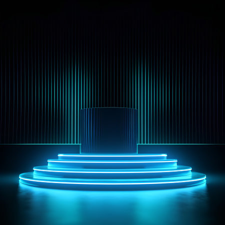 Abstract round podium illuminated with neon lights. Mock up, 3D Renderingの素材
