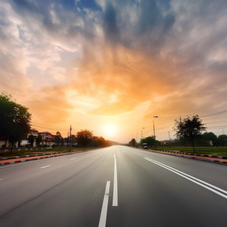 Asphalt road with sunset sky background. Perspective view of asphalt road.の素材