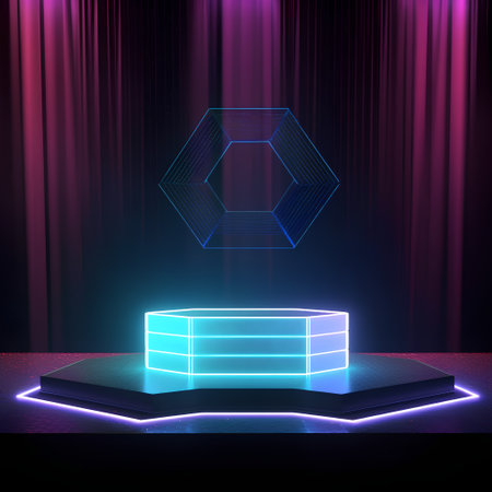 Abstract scene podium illuminated by neon lights. Award ceremony concept. 3d renderの素材