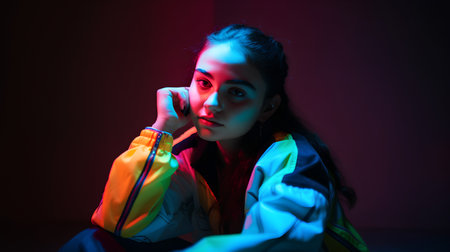 Fashion portrait of young beautiful asian woman in neon light.の素材