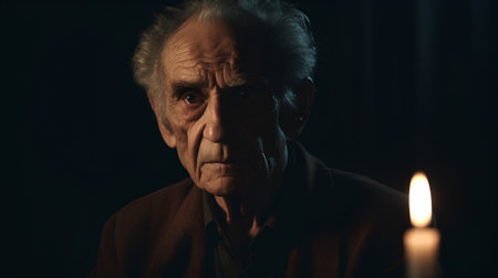 Portrait of an elderly man with a candle in the dark.の素材