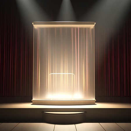 Empty glass showcase illuminated by spotlights on stage with red curtains.の素材