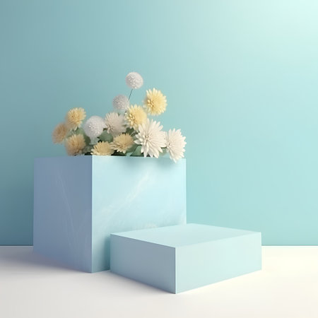 3d render, abstract minimal scene with blue podium and white flowersの素材