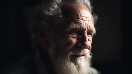 Portrait of an old man with long white beard and mustache on dark backgroundの素材