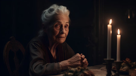 Portrait of an elderly woman at the table in the dark.の素材