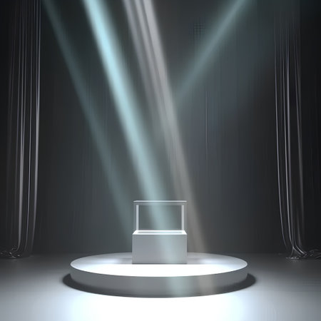 Stage podium illuminated by spotlights. Award ceremony concept. 3D Renderingの素材