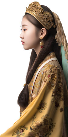 Portrait of a beautiful asian woman in traditional costume. Isolated on white background.の素材