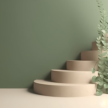 3d render of beige podium with green wall and plant.の素材