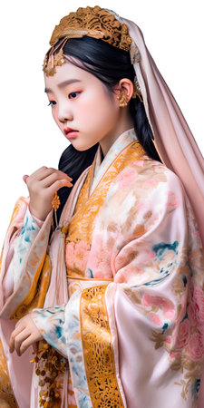 Beautiful asian woman in kimono on white background.の素材