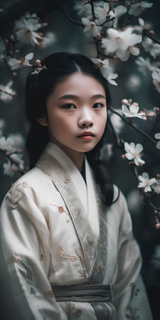 Beautiful asian girl in traditional kimono with cherry blossomの素材