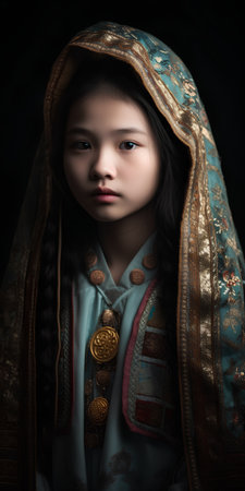 Portrait of a beautiful Asian girl in a traditional costume. Dark background.の素材