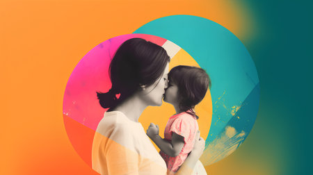 Mother and daughter kissing each other on the background of a painted eggの素材