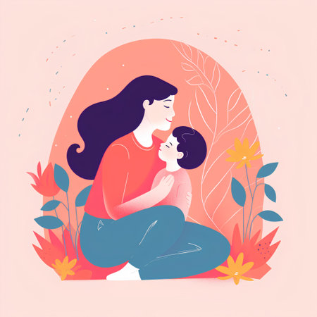 Happy mother and daughter sitting on the floor in the park. Vector illustrationの素材