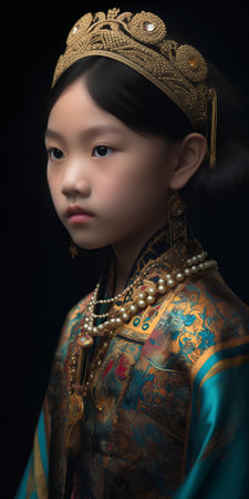 3D Illustration of a beautiful Asian girl in a traditional costumeの素材