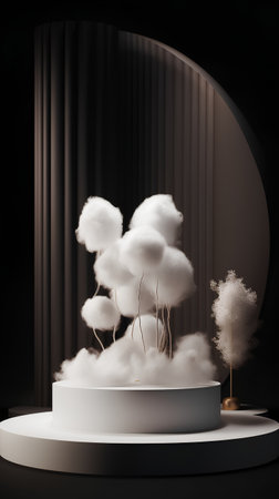 Abstract 3d rendering of pedestal with white cotton flowers on dark backgroundの素材