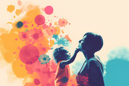 Mother and daughter looking at each other. Colorful floral background.の素材