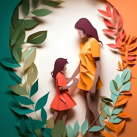 Mother and daughter on the background of leaves. Paper cut style.の素材