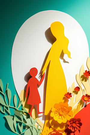 Mothers day concept. Paper cut of woman and child holding hands.の素材
