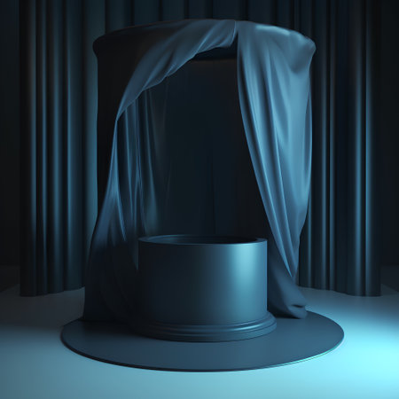 3d render of stage with blue curtain, podium and draperyの素材