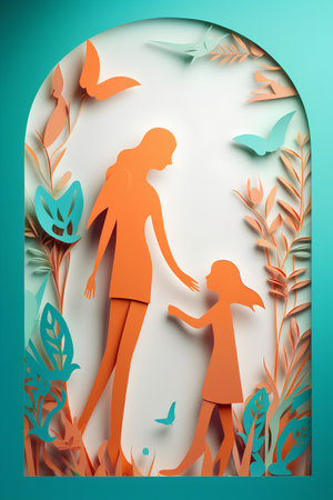 Paper cut of mother and daughter. Paper art style. Vector illustration.の素材