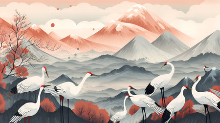 Seamless pattern with mountains and cranes. Vector illustration.の素材