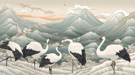 Seamless pattern with storks in the mountains. Vector illustration.の素材