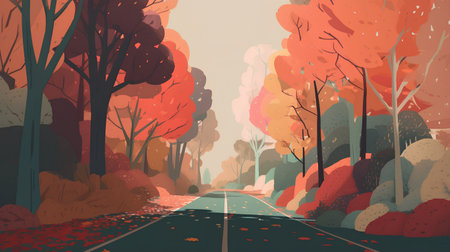 Autumn landscape with road and trees. Vector illustration in flat styleの素材