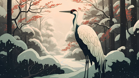 Crowned crane in winter forest. Vector illustration of a bird.の素材