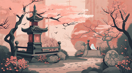 Beautiful vector illustration of japanese garden with pagoda and birds.の素材