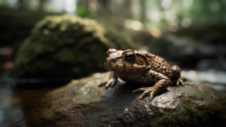Frog sitting on a stone in the rainforest. Selective focus.の素材