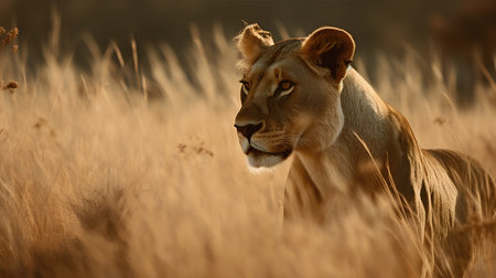 Lioness in the golden grass of Masai Mara, Kenyaの素材