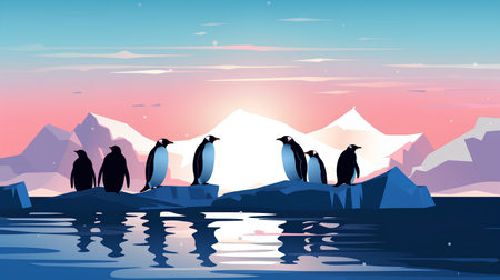 Penguins on the iceberg. Vector illustration in flat style.の素材
