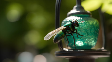 A fly sitting on a lamp in the garden. Blurred background.の素材