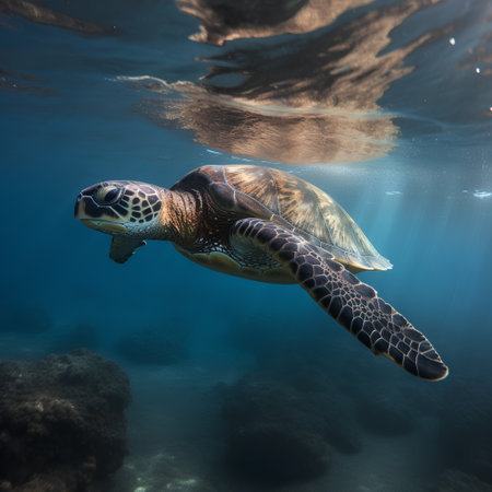 Hawaiian Green Sea Turtle (Eretmochelys imbricata) swimming underwater.の素材