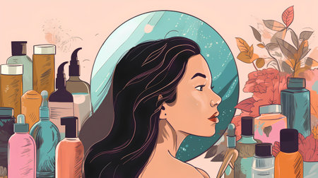 Beauty salon. Vector illustration of a beautiful woman with long hair in front of a mirror.の素材
