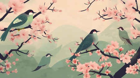 Cherry blossom background with birds and flowers. Vector illustration.の素材