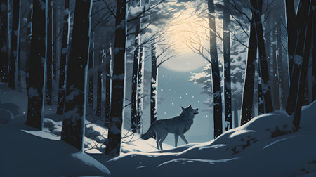 Illustration of a wolf in the woods at night in winter.の素材