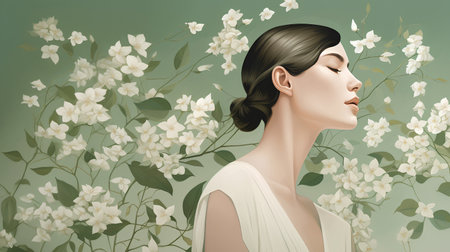 Beautiful young woman with jasmine flowers. Vector illustration.の素材